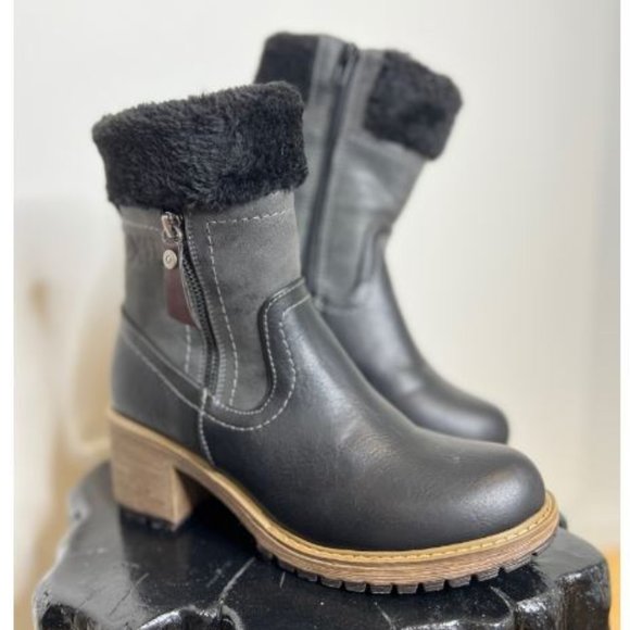 Womens Leather Faux Fur Block Heel Ankle Boots Side Zip Size 7.5-8US Black - Picture 3 of 5